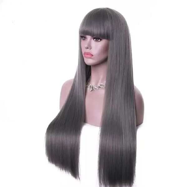 

real natural full wig set red granny gray hair with long straight, Black