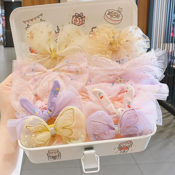 

3/4/6pcs/set girls mesh bowknot hairpin headdress lace hair clips kids princess barrettes fashion accessories, Slivery;white