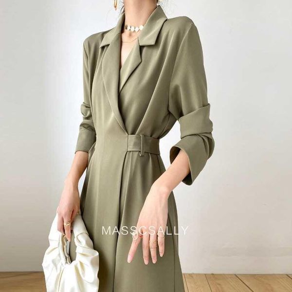 

casual dresses solid elegant women autumn dress bandage midi split office lady designer korean style one-piece female, Black;gray