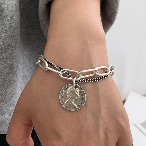 

link, chain punk hip hop portrait coin bracelet bohemian retro multilayer geometric pendant fashion female jewelry, Black