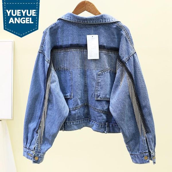 

women's jackets fashions loose beading tassel denim coat women punk style cropped vintage jeans long sleeve outwear, Black;brown