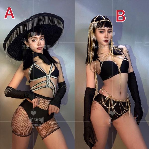 

stage wear pole dance clothing fringe chain bikini suit nightclub female singer gogo dancer performance costumes dwy6037, Black;red