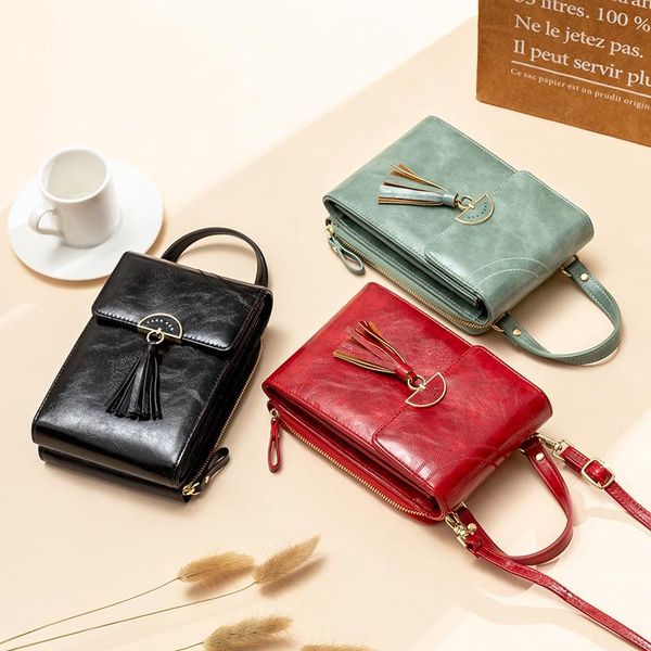 

card holders women's bag 2021 fashion korean tassel oil wax skin messenger versatile portable one shoulder mobile phone, Brown;gray
