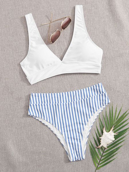

2021 new striped printed bikini pumei women small fresh high waist split swimsuit, White;black