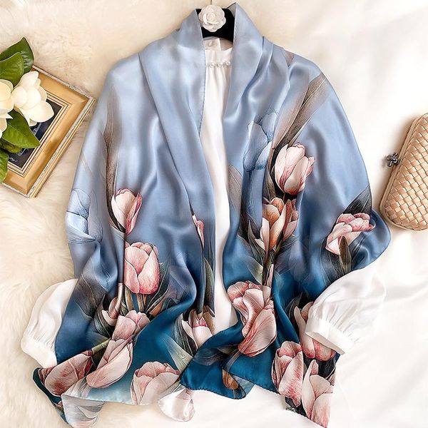 

scarves 2021 women 100% real mulberry silk scarf shawls lady neck wrap floral hijab foulard pashmina female bandana, Blue;gray