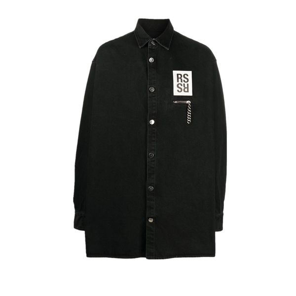 

high street: raf simons make old wash silhouette loose denim shirt ins chain leather label decoration shirt, White;black