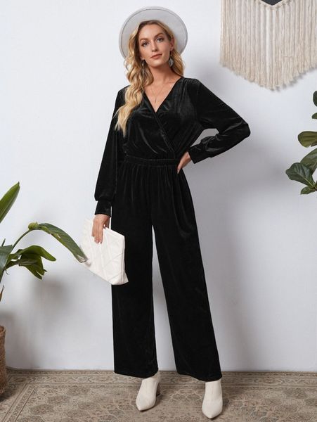 

emery rose surplice neck velvet wide leg jumpsuit h7rc#, White