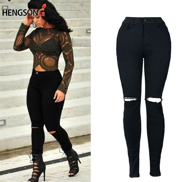 Neue weiße Loch zerrissene Jeans Frauen coole Denim hohe Taille elastische Hosen Capris weibliche dünne schwarze lässige Bleistiftjeans HO833795 210322