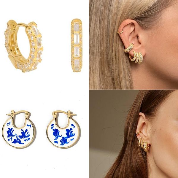 

hoop & huggie mc 925 sterling silver colorful enamel earrings for women ins circle zircons fancy ceramics style jewelry, Golden;silver