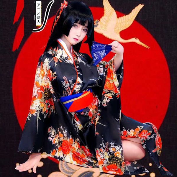 Jigoku Shoujo Enma Ai Maid Kleid Kimono Yukata Uniform Outfit Anime Cosplay Kostüme + Gürtel Bowknot Taille Seil * 2 Y0913