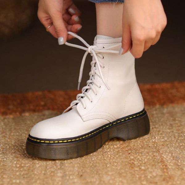 

boots british style retro shoes genuine leather lace-up round toe women 2021 winter concise handmade platform mujer, Black