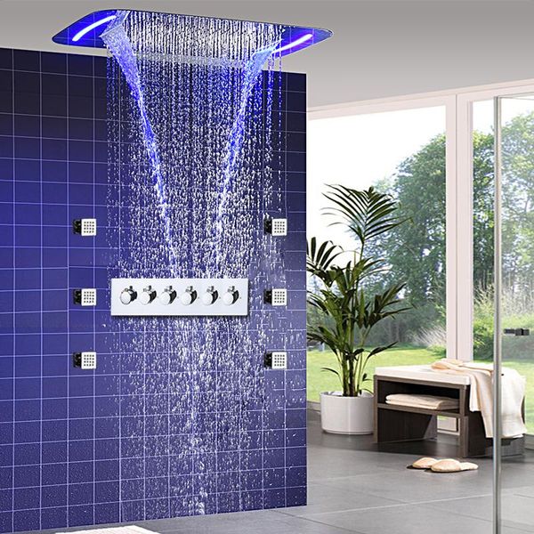 

bathroom high flow shower mixer set concealed ceiling large rainfall waterfall misty led showerhead body jets massage sets