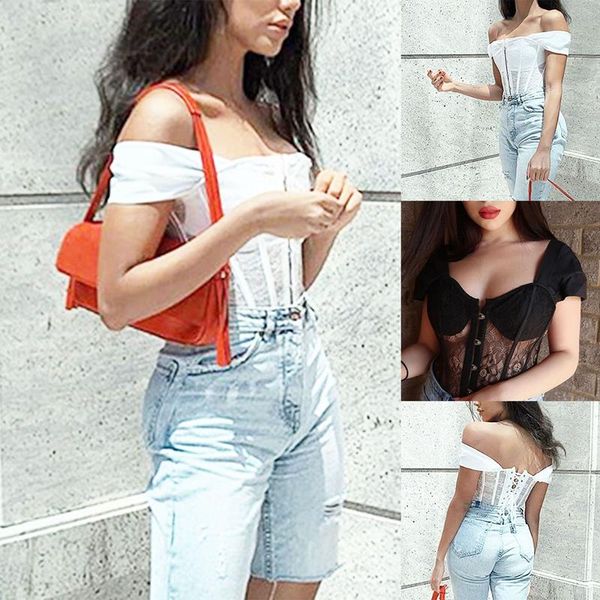 

women's t-shirt fashion lace perspective back tie rope wrap chest strapless, White