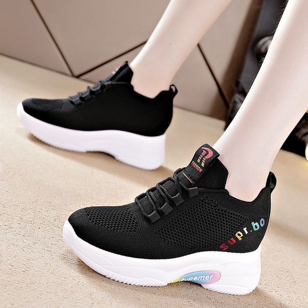 

dress shoes mesh breathable versatile height increasing leisure white travel sneakers women's mom phmu, Black