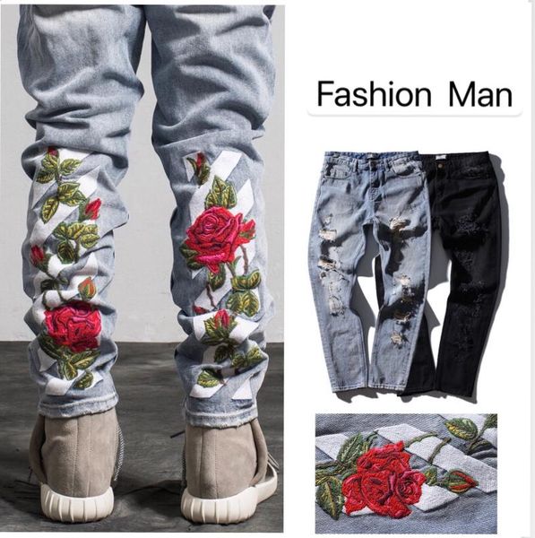 

men's jeans embroidered hole metrosexual destroyed brand casual slim ripped men denim pants s-xl, Blue