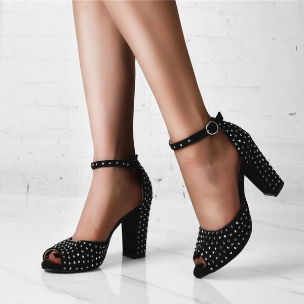 

olomm women ankle strap sandals rhinestone square high heels peep toe pretty black party shoes us plus size 5-15