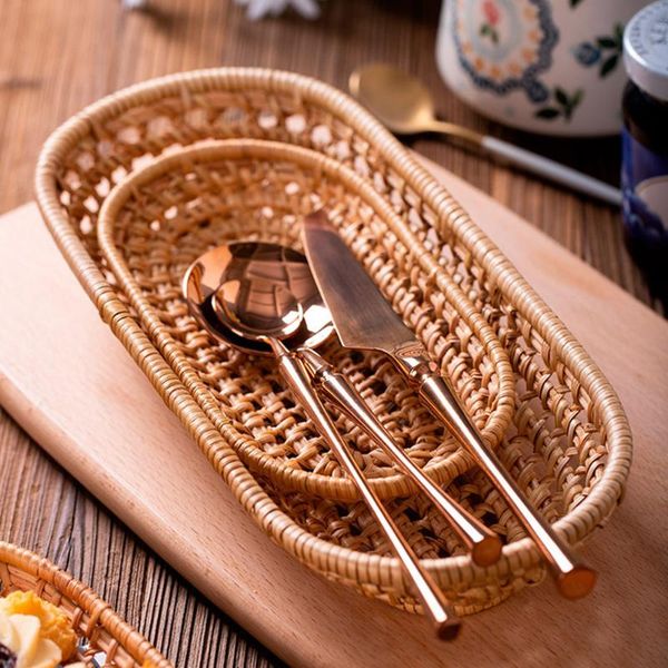 

storage baskets 2pcs natural rattan basket coffee bread breakfast serving tray fruit candy dish food picnic sundry container home decor