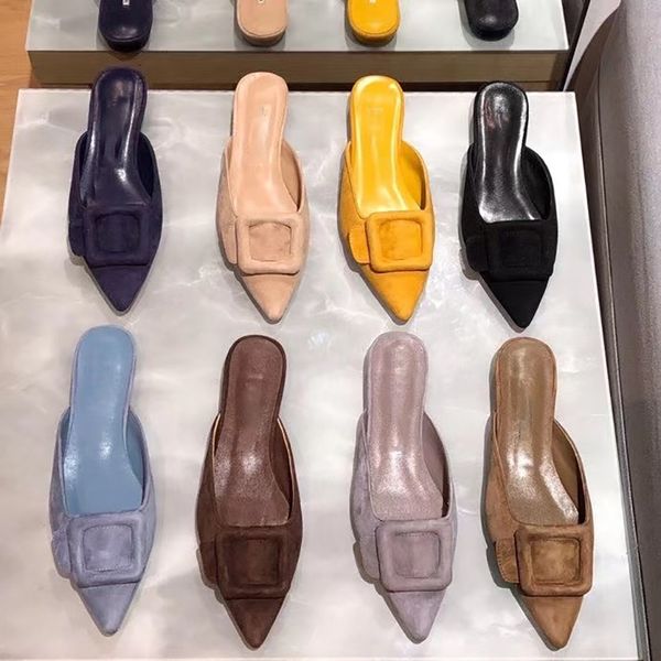 

leather yangjing suede half slippers new pointed belt buckle shallow mouth baotou wear muller sandals outside, Black