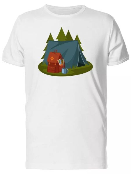 

tent and backpack in the woods men's tee -image by shutterstock, White;black