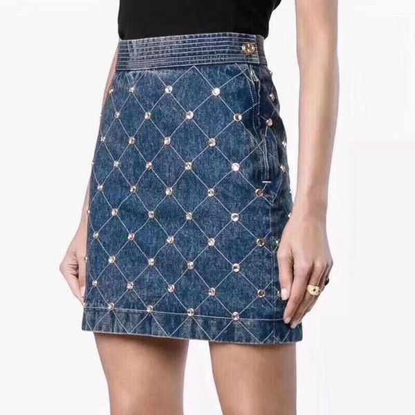 

skirts runway women mini jeans skirt crystal slim bodycon denim fashion designer luxury ladies casual short, Black