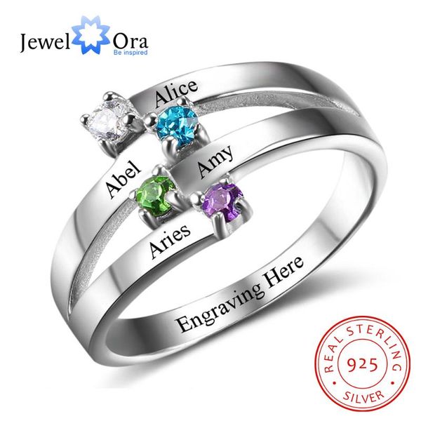 

cluster rings 925 sterling silver friendship & family ring engrave 4 names diy custom birthstone gift for moms (jewelora ri102510), Golden;silver