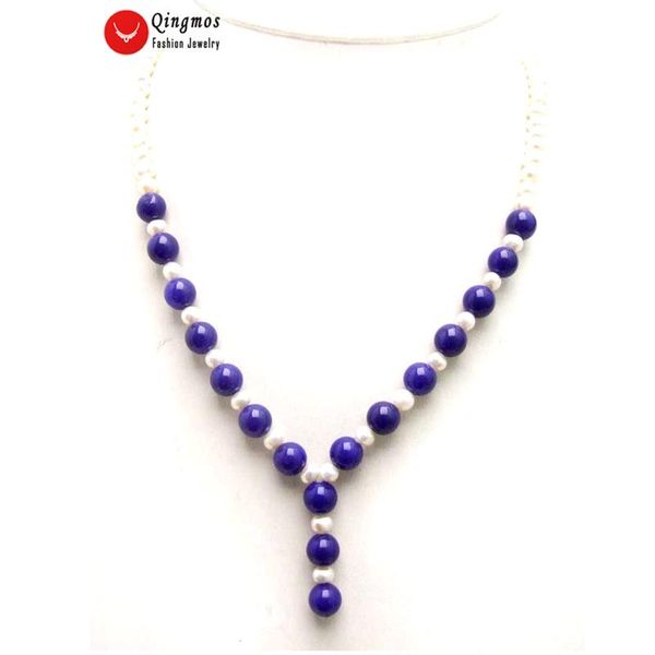 

qingmos fashion 6-7mm round natural white pearl chokers necklace for women with blue jade 17'' pendant jewelry n6001, Golden;silver
