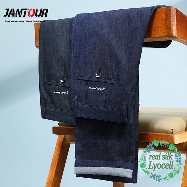 

summer real silk lyocell fabric classic stretch wide jeans men loose straight pants high waist trousers male big size 40 42 men's, Blue