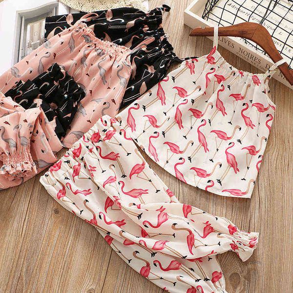 

new brand girls sumemr clothes set flamingos printed chiffon clothing suit for kids baby 2 pcs outfits g220310, White