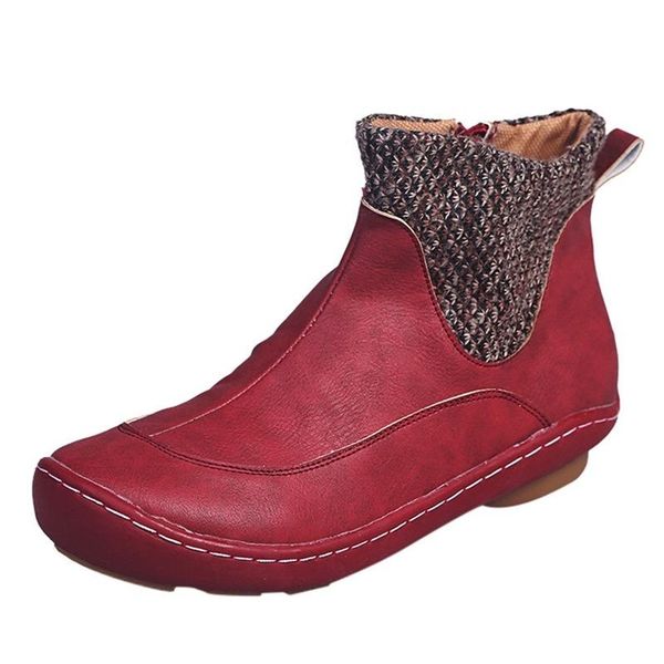 

boots retro women leather flat zipper solid color short booties round toe shoes winter ankle for, Black