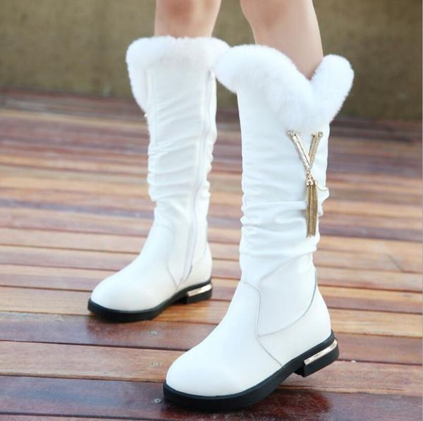 

boots genuine leather girls long snow 26-37 winter for plush warm shoes kids sport, Black;grey