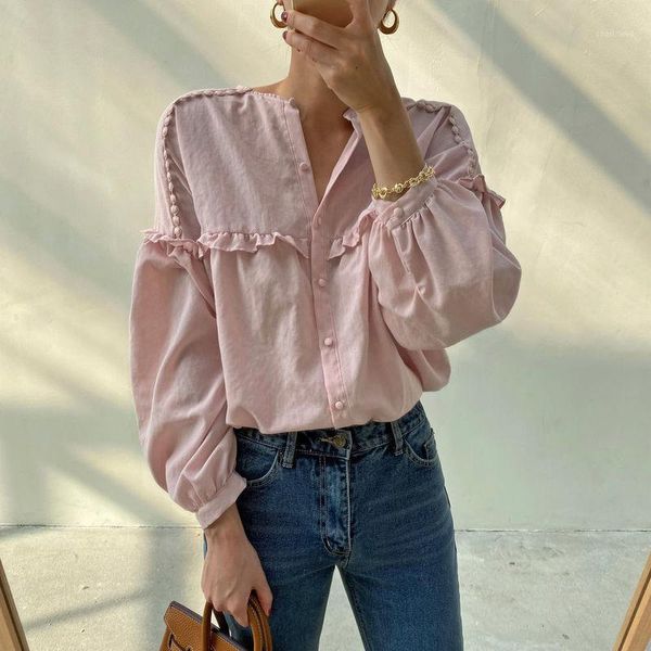 

autumn 2021 beige/pink blouse women casual single breasted long sleeve female ruffle patchwork shirts fashion blusas women's blouses &, White