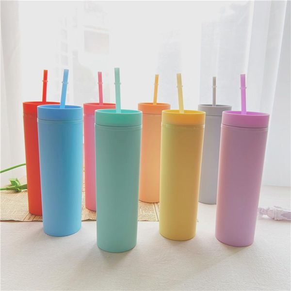 

stock 16oz acrylic skinny tumblers matte colors double wall 500ml tumbler coffee drinking plastic sippy cup with lid straws