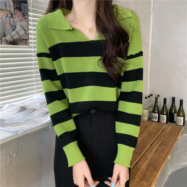 

women's sweaters 2021 autumn winter collar long sleeve sweater stripe soft waxy loose all-match pullover fashion street jumpers chi, White;black