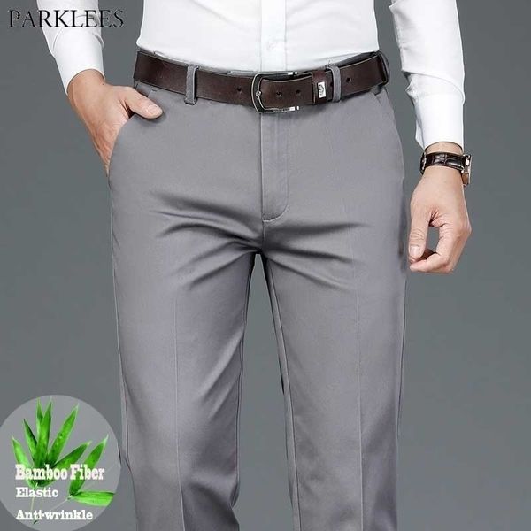 Pantaloni da uomo dritti formali da lavoro grigi Pantaloni da uomo chino elasticizzati in fibra di bambù slim fit da uomo Pantaloni da uomo antirughe 210522