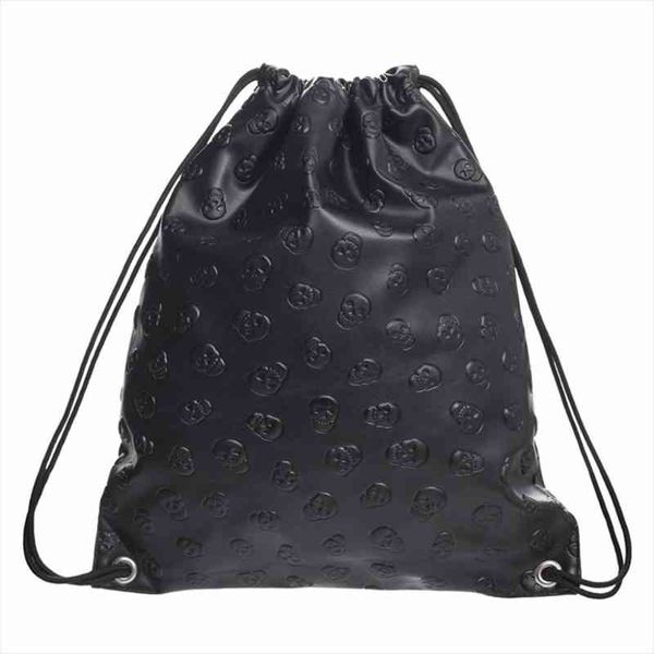 

skull drawstring leather fashion travel backpack bags black