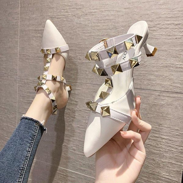 

sandals women slippers summer ladies shoes for pointed toe square heel basic rivet house zapatos de mujer 2021, Black