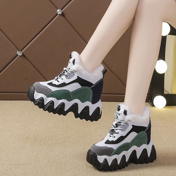 

Women Snow Boots High Platform Green Gray Chunky Sneakers Thick Sole Soft Leather Warm Plus Velvet Winter Boots Shoe 10CM Female
