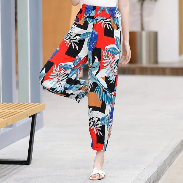 

women's pants & capris 2021 summer women harem loose high waist beach wide leg plus size casual retro print ankle-length trousers, Black;white