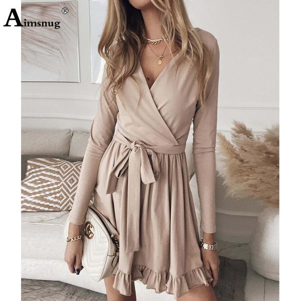 

casual dresses ruffle v-neck women short dress ladies patchwork sashes female long sleeve a-line evening party mini vestidos, Black;gray