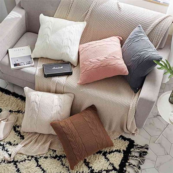 Двухвизутная плетеная подушка крышки подушки сплошной наволочки Винтаж коричневый молоко белый серый розовый 45см x Soft 210423