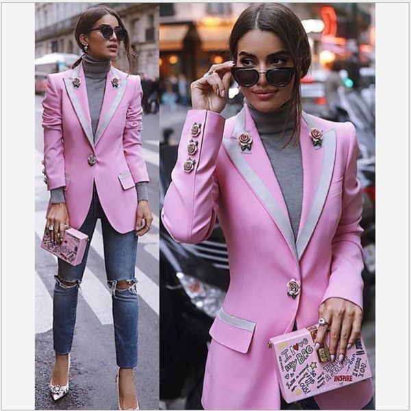 

fashion style original design women's pink blazer slim jacket rose buttons coat print lining blazers blending outwearz1p2, White;black