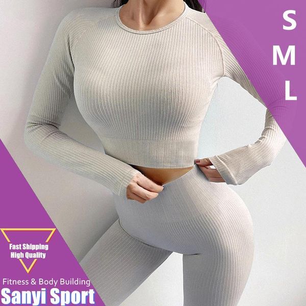 

yoga outfit women seamless suit sports set gym clothes fitness long sleeve crop high waist leggings ribbed workout tracksuits