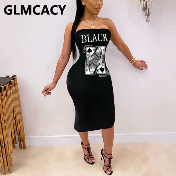 

black poker printed tube dress women bodycon midi evening party casual robe dress 210702, Black;gray