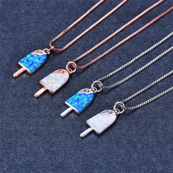

pendant necklaces boho female small popsicle necklace rose gold color choker chain white blue fire opal for women, Silver