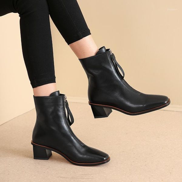 

boots genuine leather women zipper ankle 4.5cm high heels party dancing shoes woman office ladies1, Black