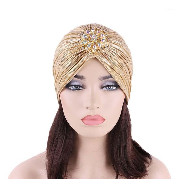 

fashion ladies gold silver diamond jewel turban hats for women chemo bandana hijab pleated cap turbante hat1