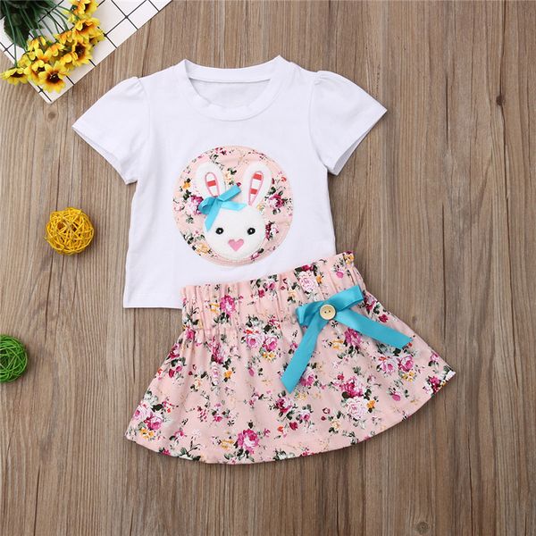 

0-4 years cute newborn clothes set rabbit print t-shirt girls o-neck short sleeve kids t shirt floral print skirts girl set, White