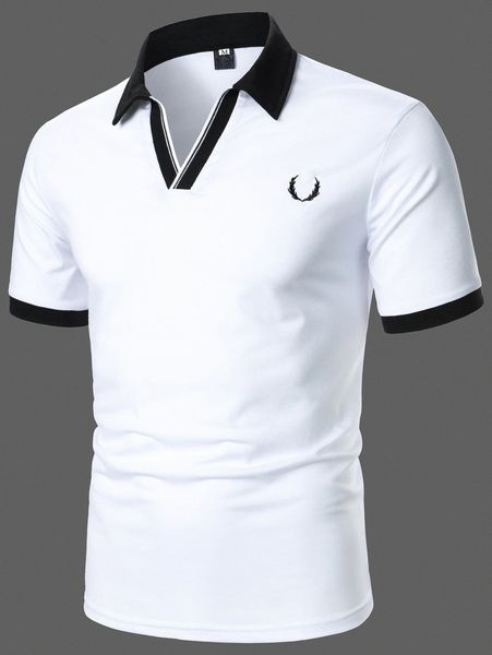 

men antler embroidery contrast trim polo shirt m1yo#, White;black