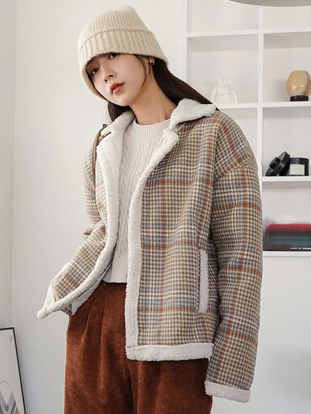 

dazy houndstooth print drop shoulder teddy jacket y57z#, Black;brown
