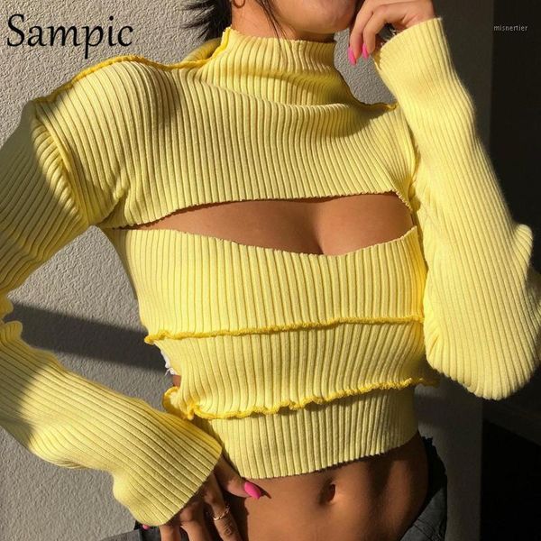

Sampic Turtleneck Hollow Out Sexy Women Yellow Skinny Mini Long Sleeve T Shirt 2021 Autumn Winter Basic Cropped Tees Tops Women's T-Shirt, White